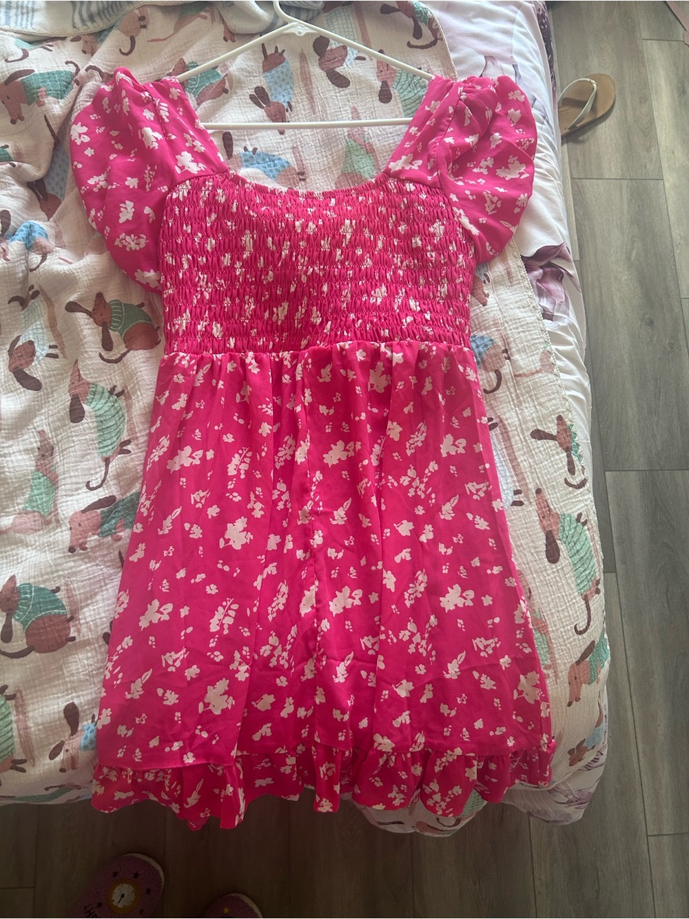 Sienna Sky Bright Pink Floral Smocked Puff-Sleeve Dress Top